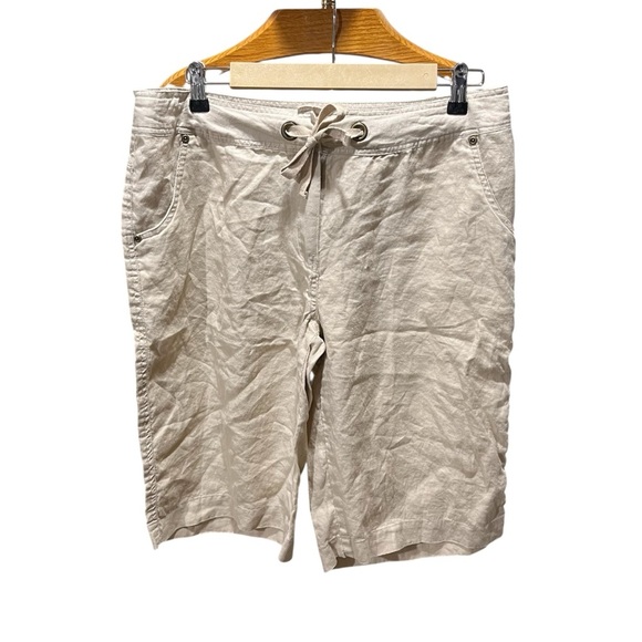 Tan 100% Linen Knee Length Shorts with Drawstring Waist - Picture 1 of 9